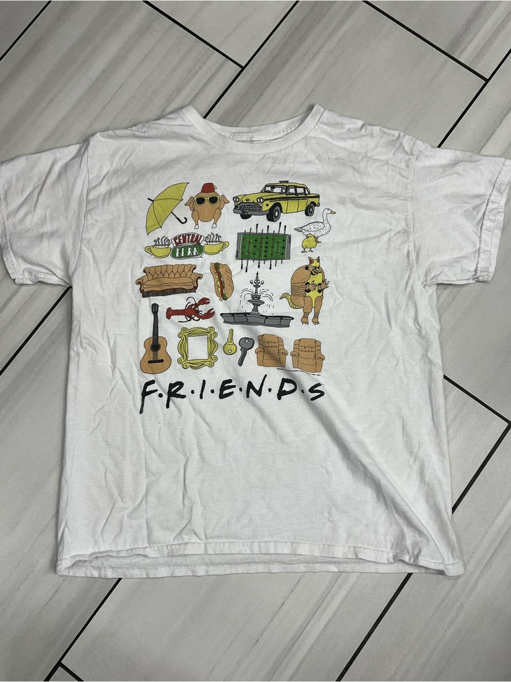 Friends TV Show Graphic Tshirt (L)  White Central Perk Icons Tee- Sitcom Shirt